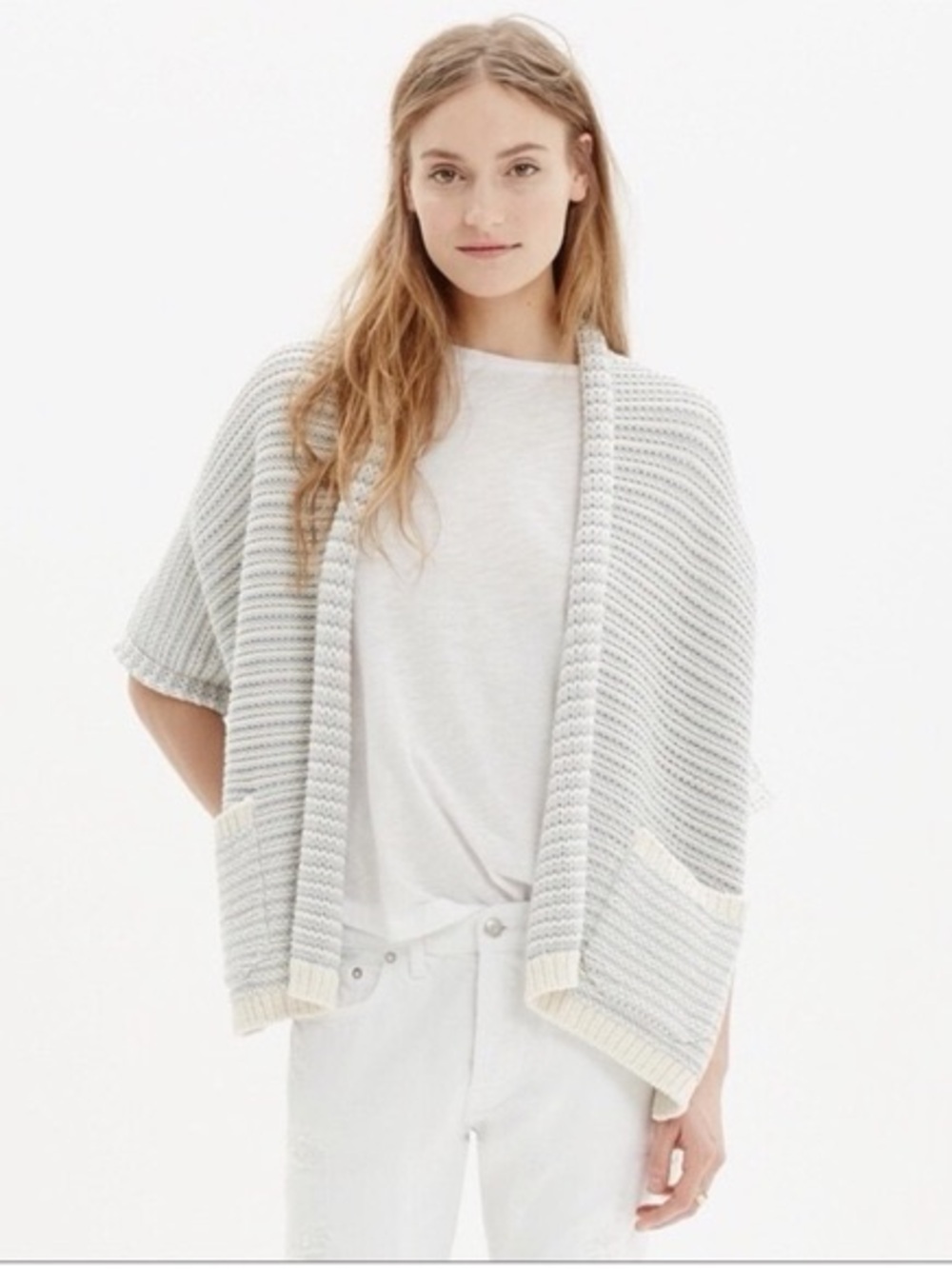 Madewell Oversized Striped Open-Front Knit Cardigan in Light Gray Size Small